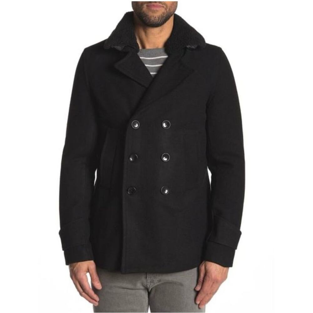 Slate & Stone Men’s Stephen Faux shearling Collar Wool Blend Black Jacket XXL